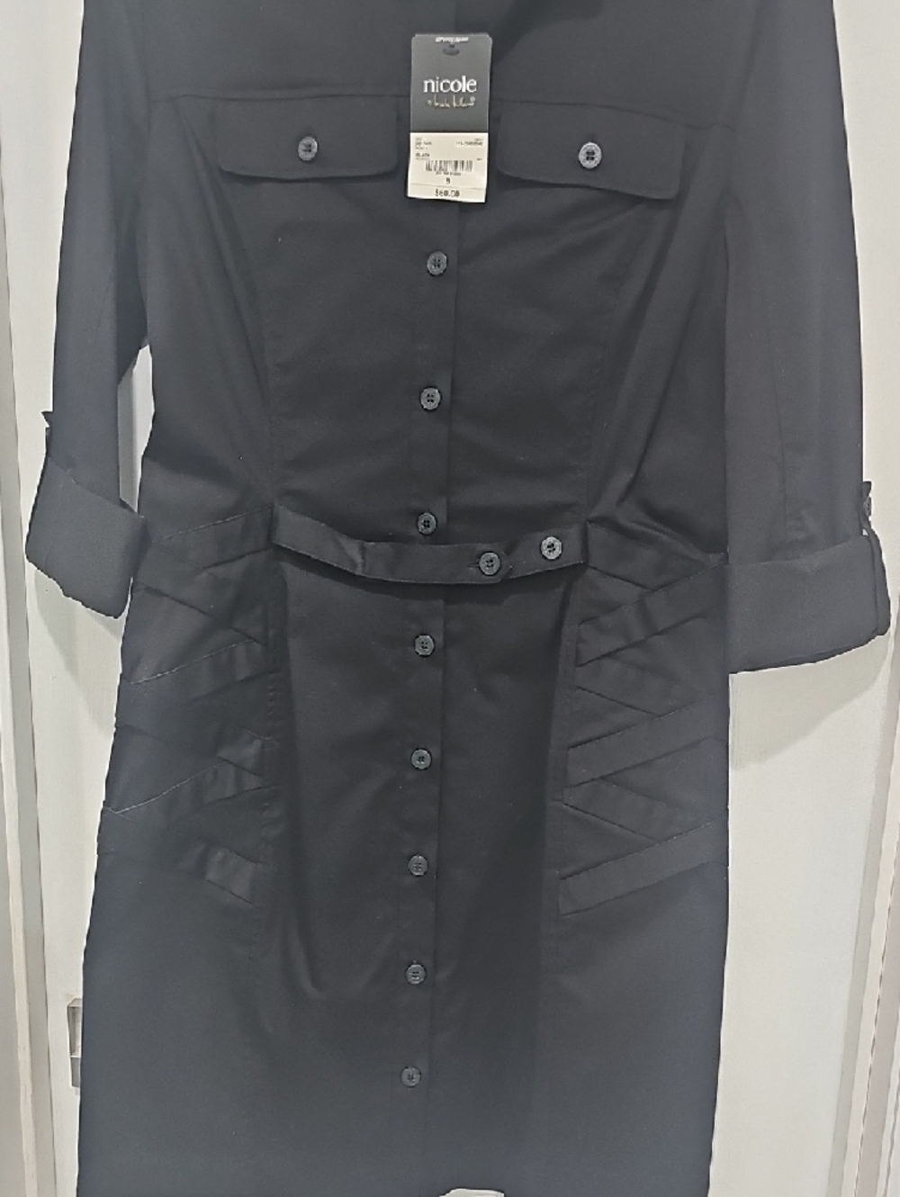 Nicole Miller Black Button-Front Shirt Dress with Rolled Sleeves - Picture 2 of 5
